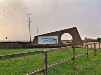 A vinyl banner over a rock=style sign, reads, " Galveston Island State Park Main Entrance"