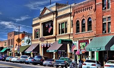 Several buildings close together on Whiskey Row, the shopping district, in Prescott Arizona.