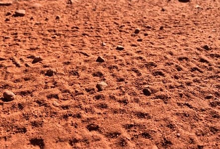 A close-up shot of the red dirt of Sedona, covered in tire-tracks.
