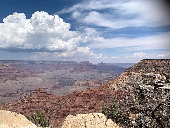 This view of the Grand Canyon from the South Rim shows various peaks and valleys within the huge canyon.