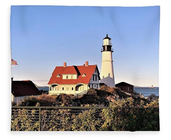 An image of a fleece blanket with a lighthouse on it. How to make your own shower curtain or anything else! Have it printed by Fine Art America!