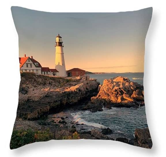 A square pillow with the image of Portland Head lighthouse in Maine. Listed under the category of How to make your own throw pillows.