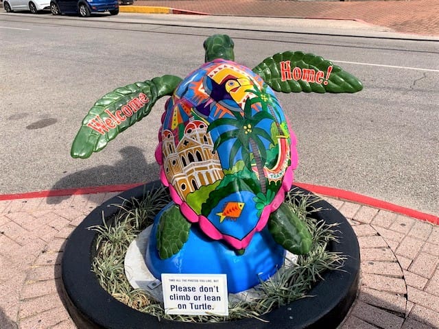 Brightly painted sea turtles are positioned at the curb all around town.