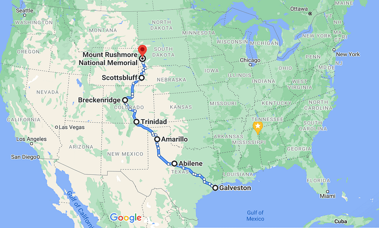 A picture of a map of the USA, highlighting the route from Galveston TX to Mt. Rushmore SD