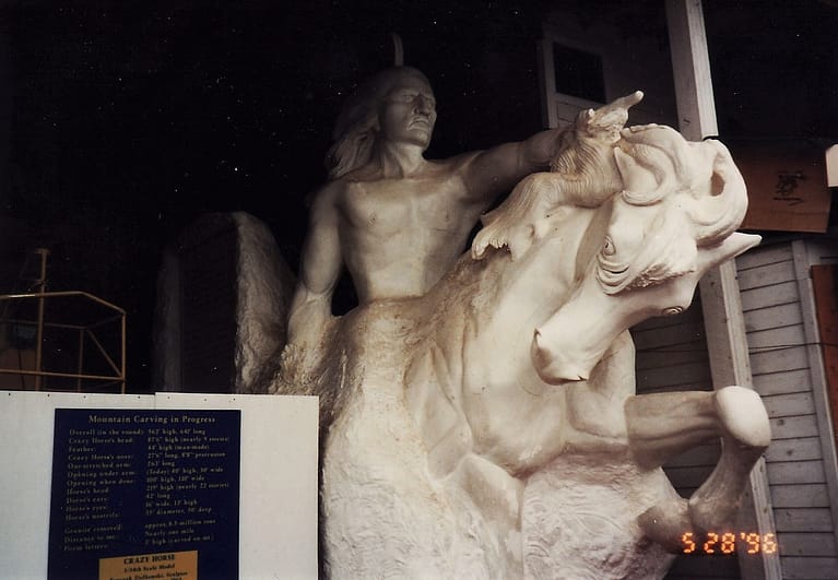This is a Full scale model of what the monument will look like when it's done: A Native American sitting straight (seems unlikely) on a horse with its head down and one hoof raised