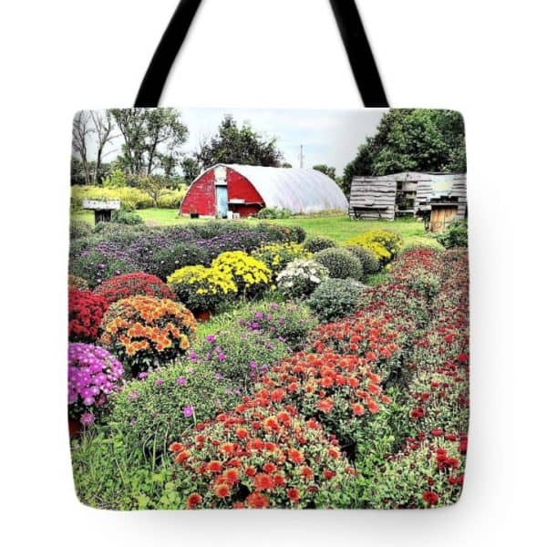 Make your own unique tote bag number 2: rows of bushy flowers grow at a roadside market.