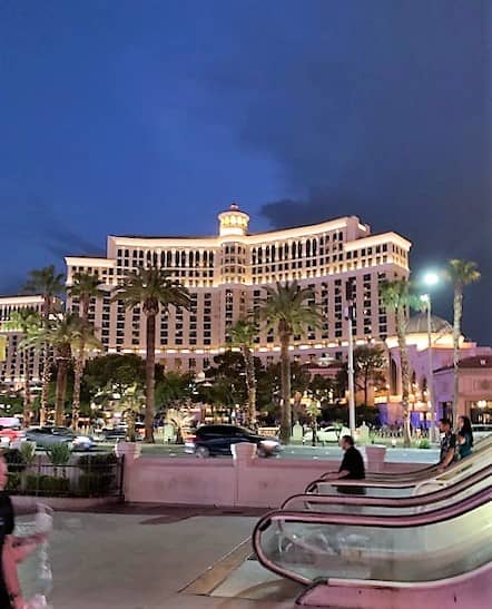 The Bellagio Hotel in Las Vegas is a tall white building (maybe 20 floors) with a tier, layered rooftop, with something in the middle that looks like a crown. Palm trees in the foreground.